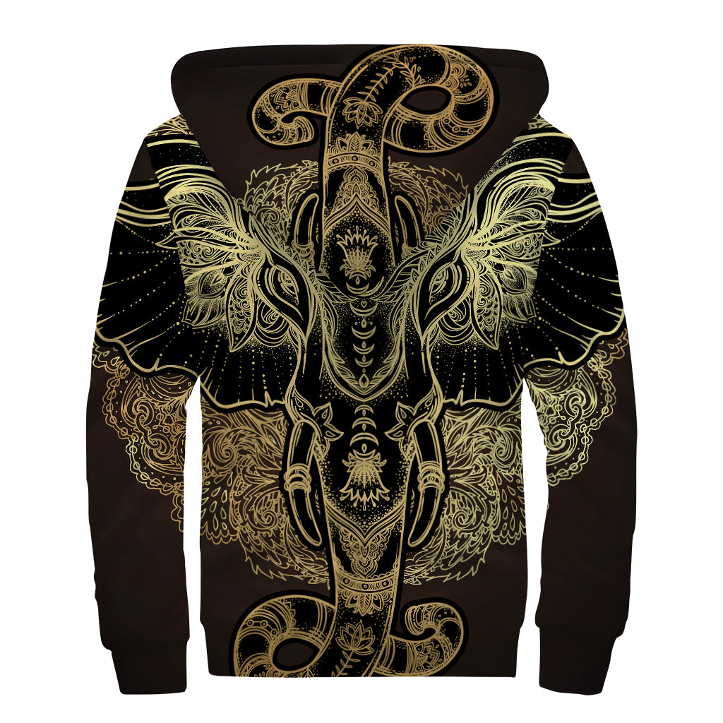Golden Spiritual Elephant Print Sherpa Lined Zip Up Hoodie