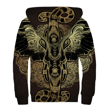 Golden Spiritual Elephant Print Sherpa Lined Zip Up Hoodie