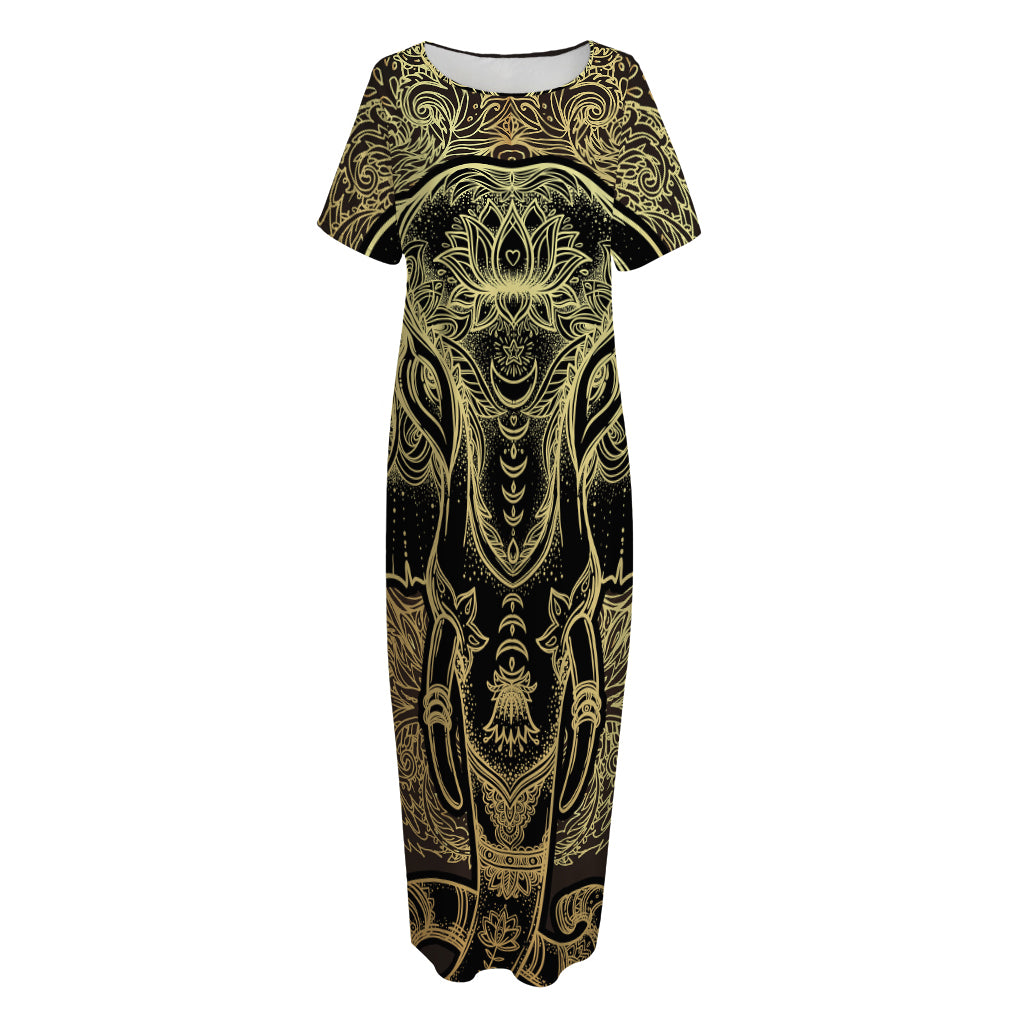 Golden Spiritual Elephant Print Short Sleeve Long Nightdress