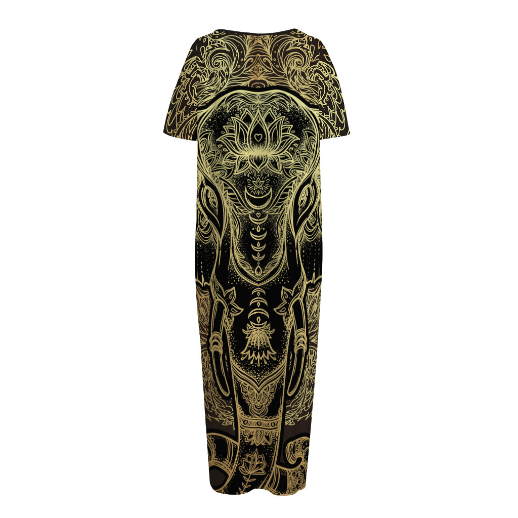 Golden Spiritual Elephant Print Short Sleeve Long Nightdress