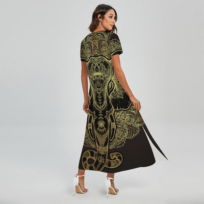 Golden Spiritual Elephant Print Short Sleeve Maxi Dress
