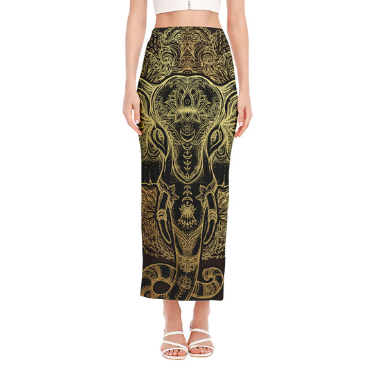 Golden Spiritual Elephant Print Side Slit Maxi Skirt