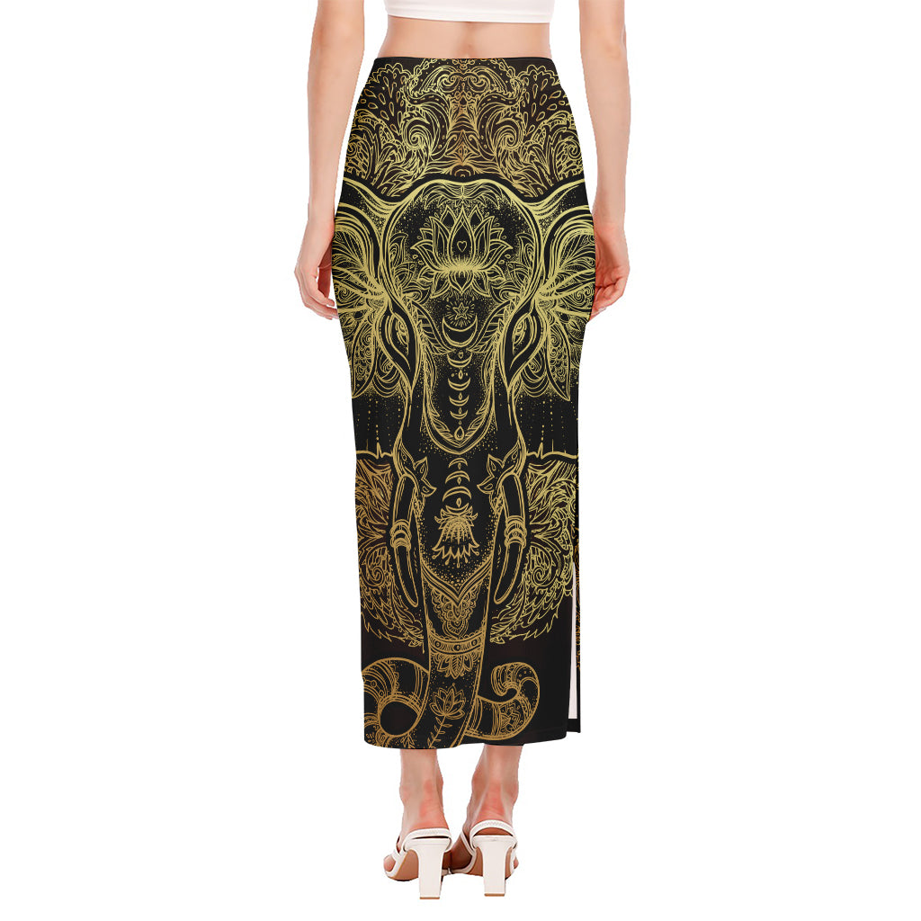 Golden Spiritual Elephant Print Side Slit Maxi Skirt