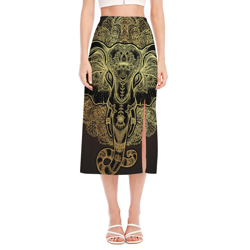 Golden Spiritual Elephant Print Side Slit Midi Skirt