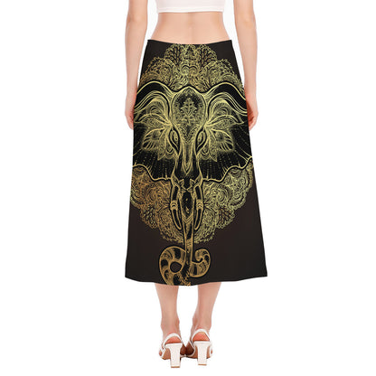 Golden Spiritual Elephant Print Side Slit Midi Skirt