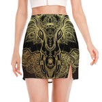 Golden Spiritual Elephant Print Side Slit Mini Skirt