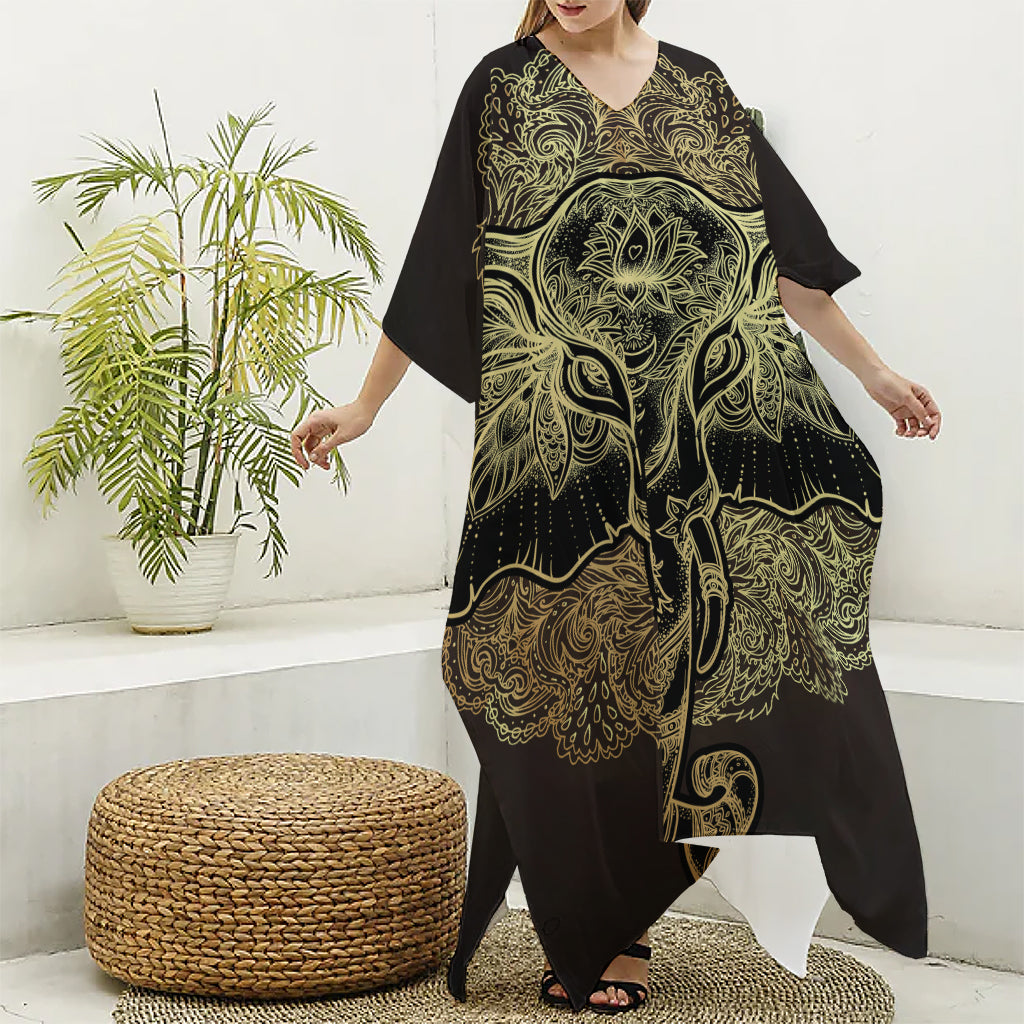 Golden Spiritual Elephant Print Silk V-Neck Kaftan Dress