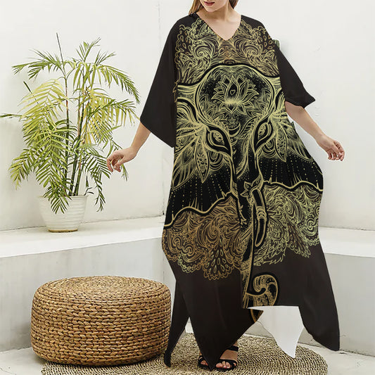 Golden Spiritual Elephant Print Silk V-Neck Kaftan Dress