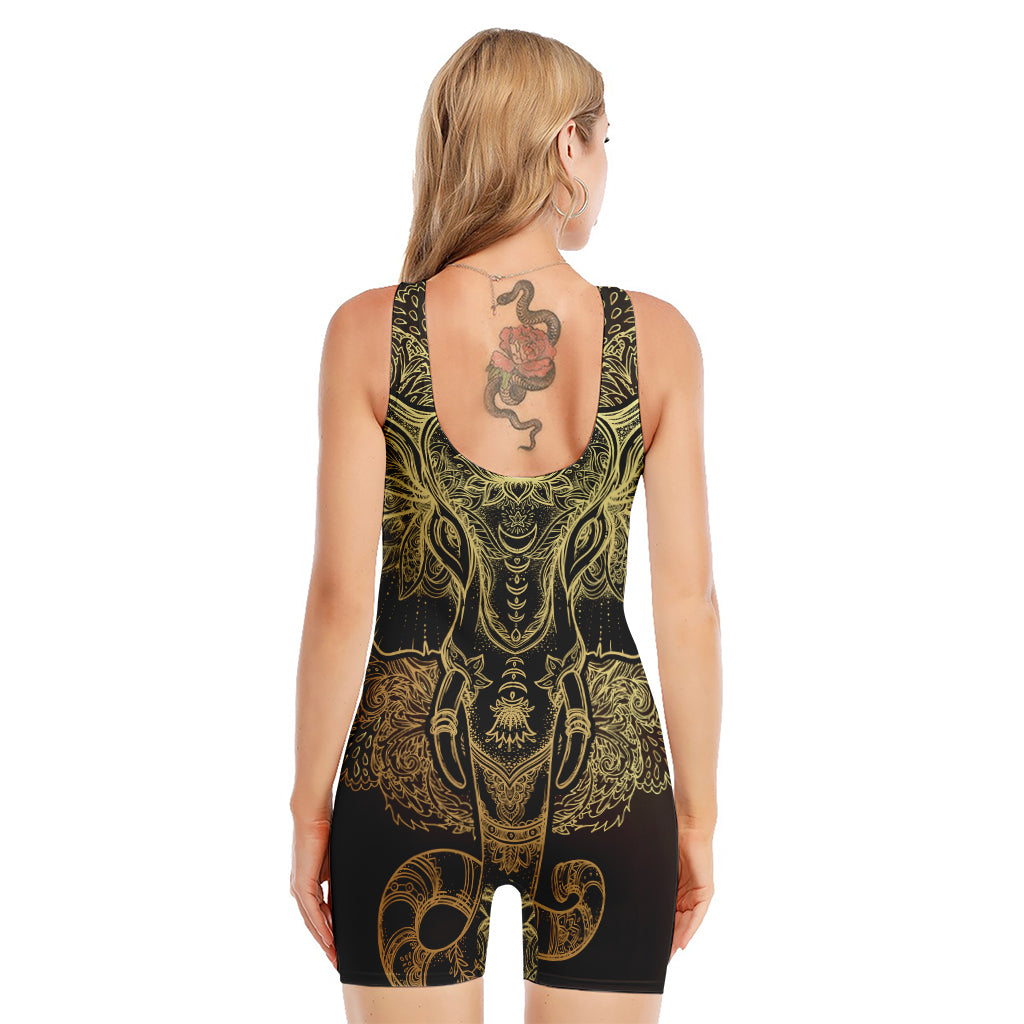 Golden Spiritual Elephant Print Sleeveless One Piece Swimsuit