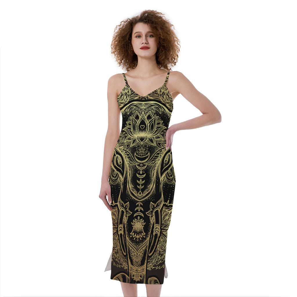 Golden Spiritual Elephant Print Slim Fit Midi Cami Dress