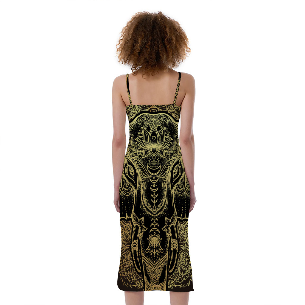 Golden Spiritual Elephant Print Slim Fit Midi Cami Dress