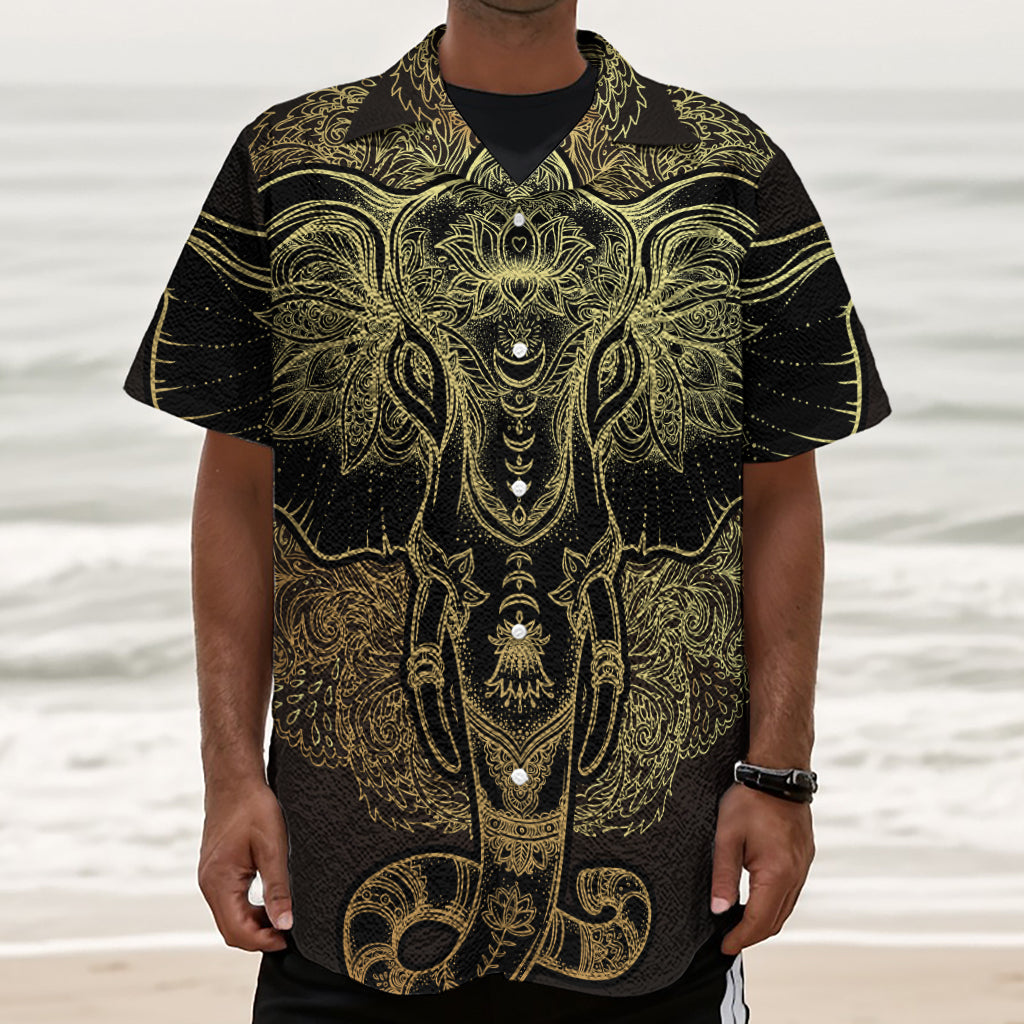 Golden Spiritual Elephant Print Textured Short Sleeve Shirt