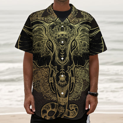 Golden Spiritual Elephant Print Textured Short Sleeve Shirt