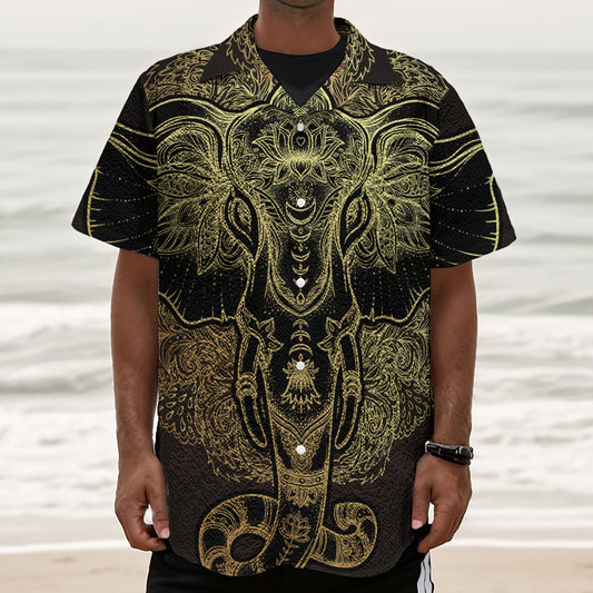 Golden Spiritual Elephant Print Textured Short Sleeve Shirt