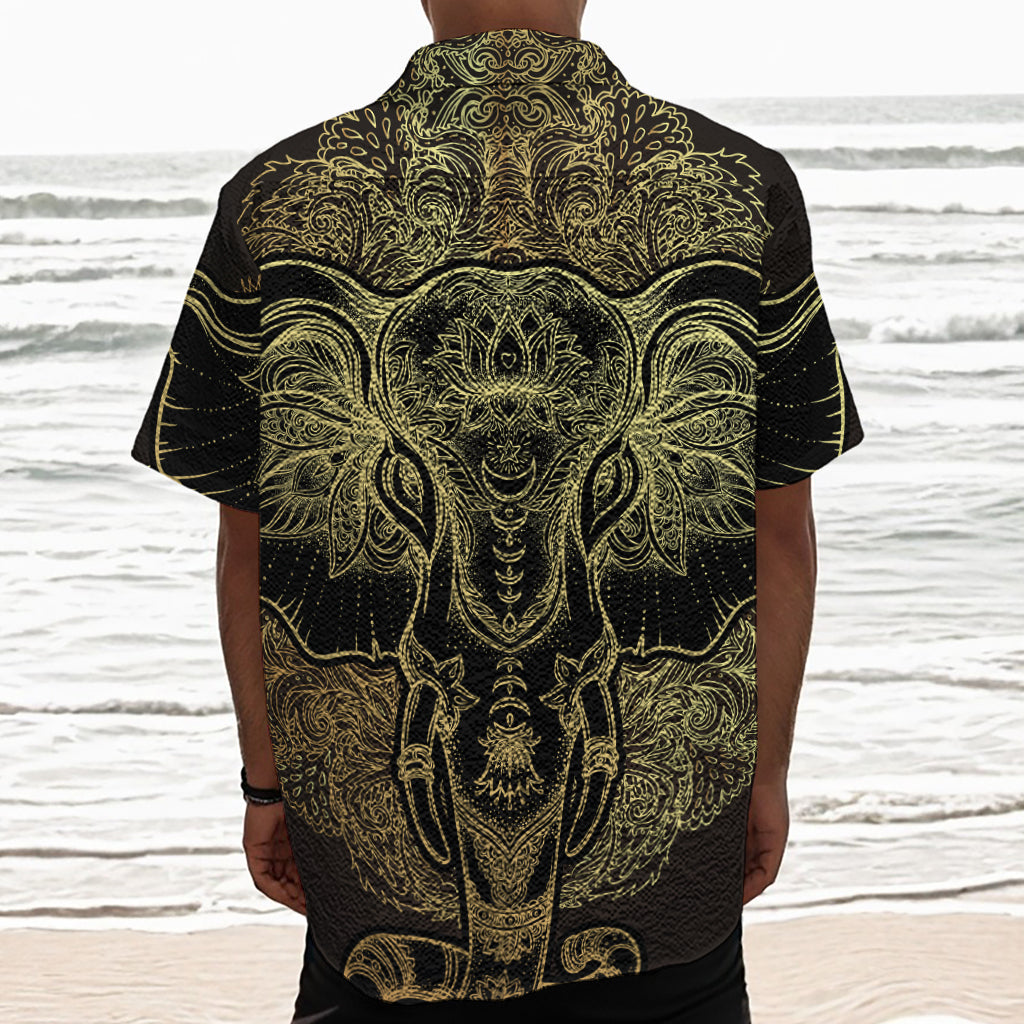 Golden Spiritual Elephant Print Textured Short Sleeve Shirt