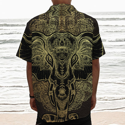 Golden Spiritual Elephant Print Textured Short Sleeve Shirt