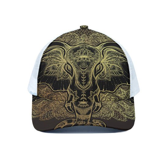 Golden Spiritual Elephant Print White Mesh Trucker Cap