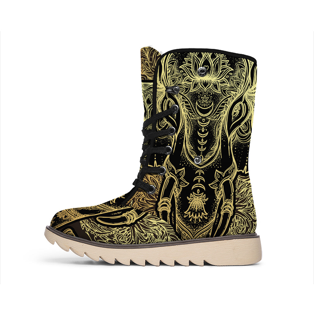Golden Spiritual Elephant Print Winter Boots