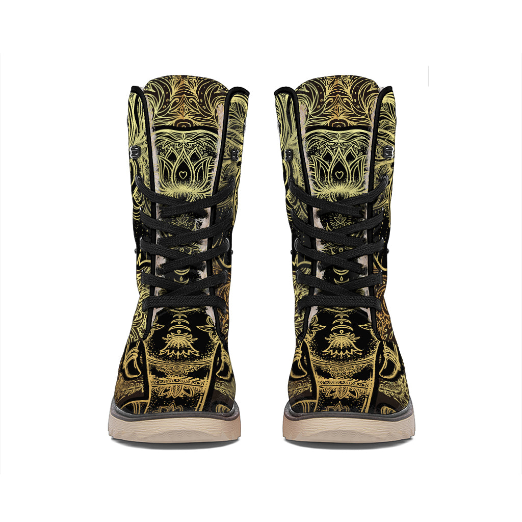 Golden Spiritual Elephant Print Winter Boots