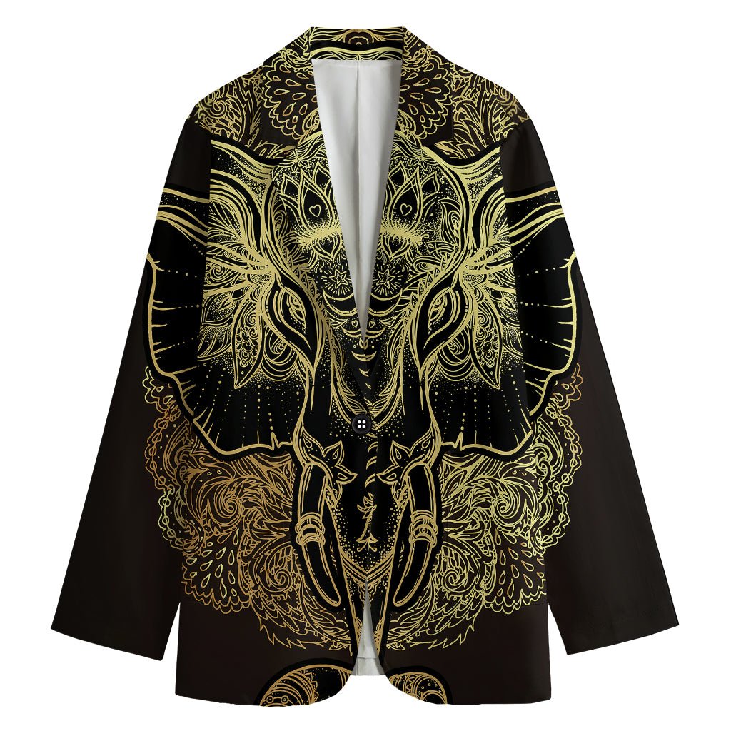 Golden Spiritual Elephant Print Women's Cotton Blazer