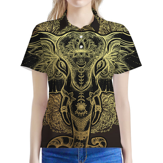 Golden Spiritual Elephant Print Women's Polo Shirt