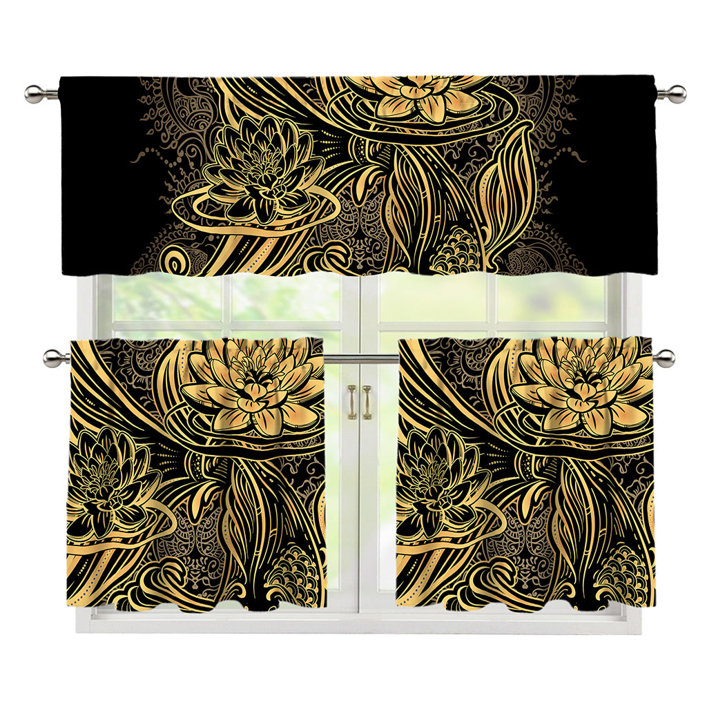 Golden Spiritual Koi Carp Print 3 Piece Kitchen Curtains