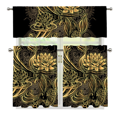 Golden Spiritual Koi Carp Print 3 Piece Kitchen Curtains