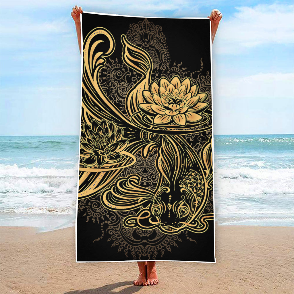 Golden Spiritual Koi Carp Print Beach Towel