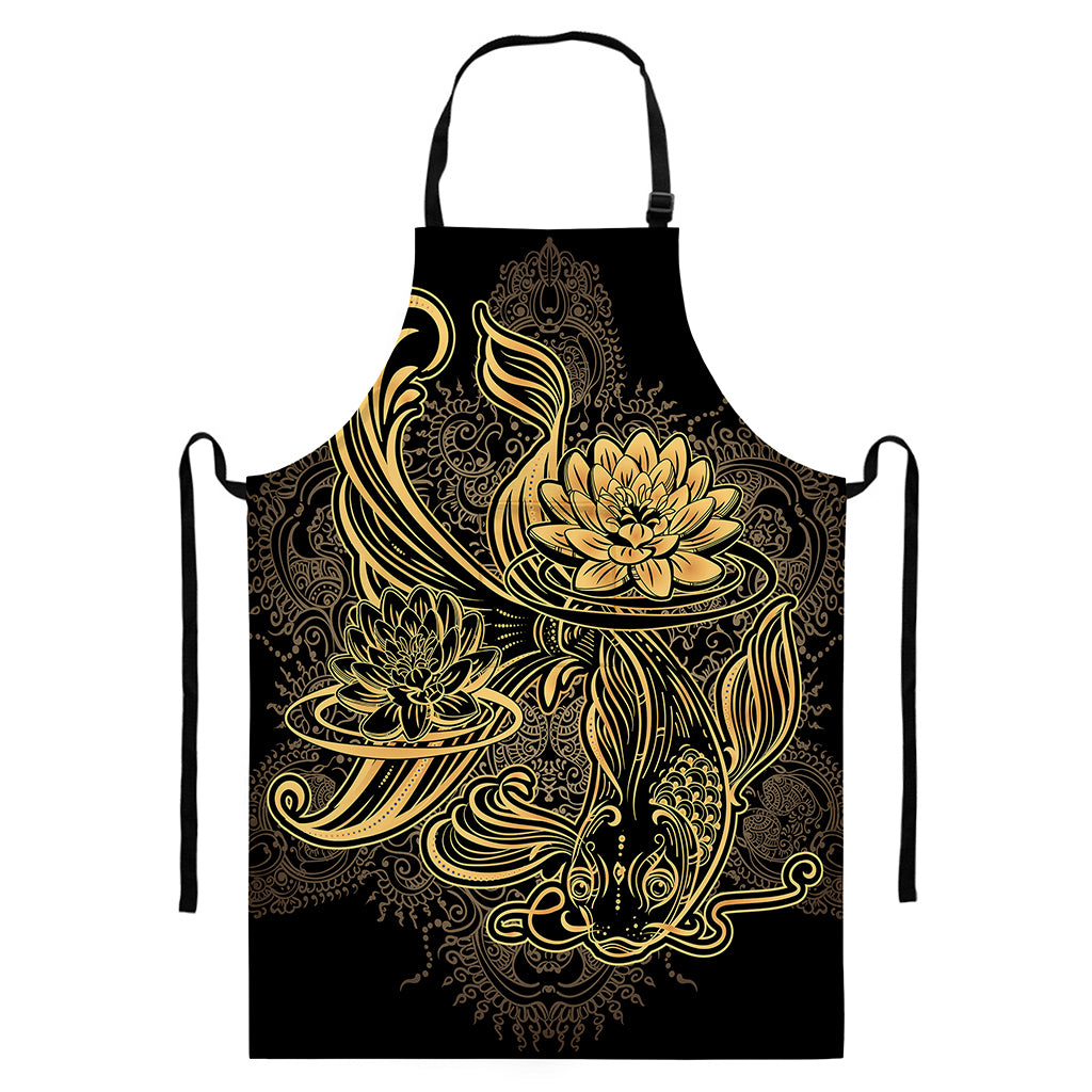 Golden Spiritual Koi Carp Print Bib Apron With Pocket