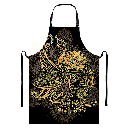 Golden Spiritual Koi Carp Print Bib Apron With Pocket