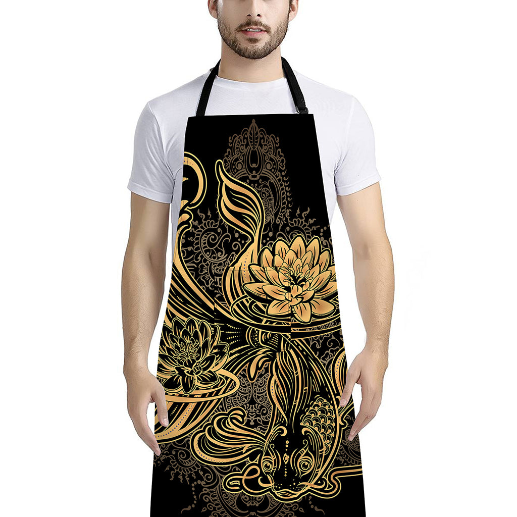 Golden Spiritual Koi Carp Print Bib Apron With Pocket