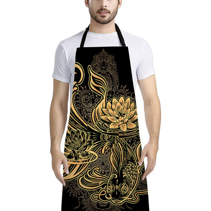Golden Spiritual Koi Carp Print Bib Apron With Pocket