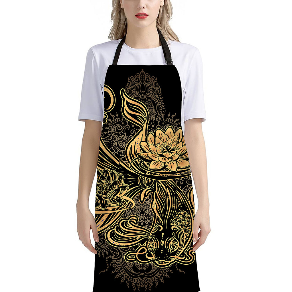 Golden Spiritual Koi Carp Print Bib Apron With Pocket