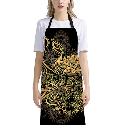 Golden Spiritual Koi Carp Print Bib Apron With Pocket