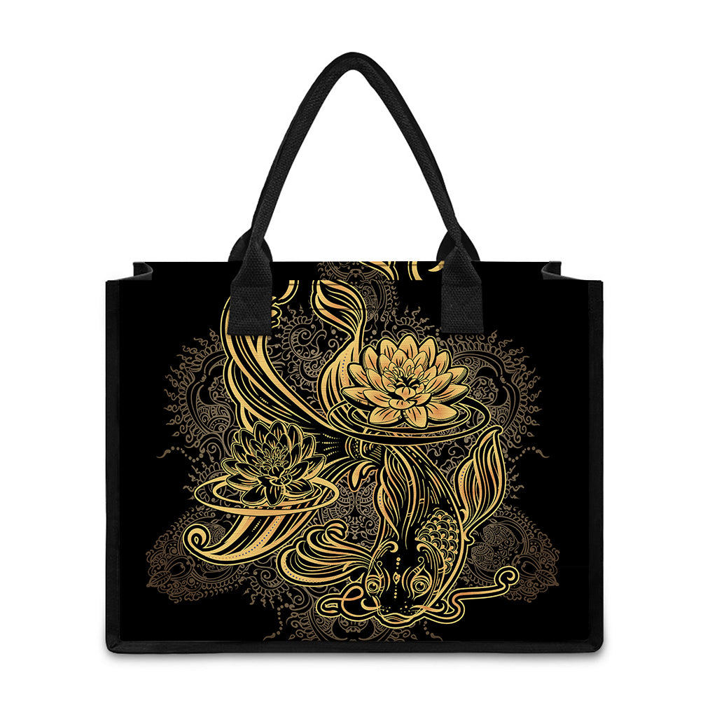 Golden Spiritual Koi Carp Print Canvas Tote Bag
