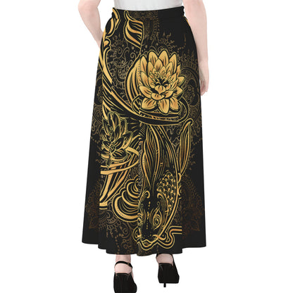 Golden Spiritual Koi Carp Print Chiffon Maxi Skirt