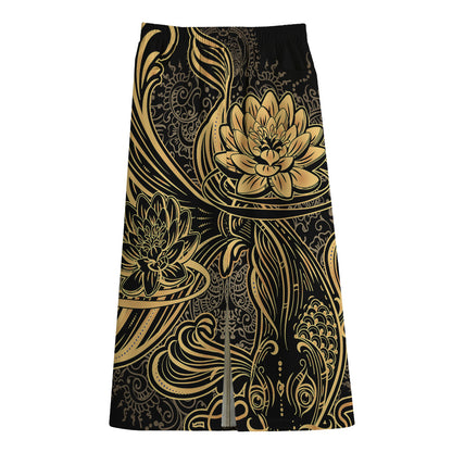 Golden Spiritual Koi Carp Print Cotton Front Slit Maxi Skirt