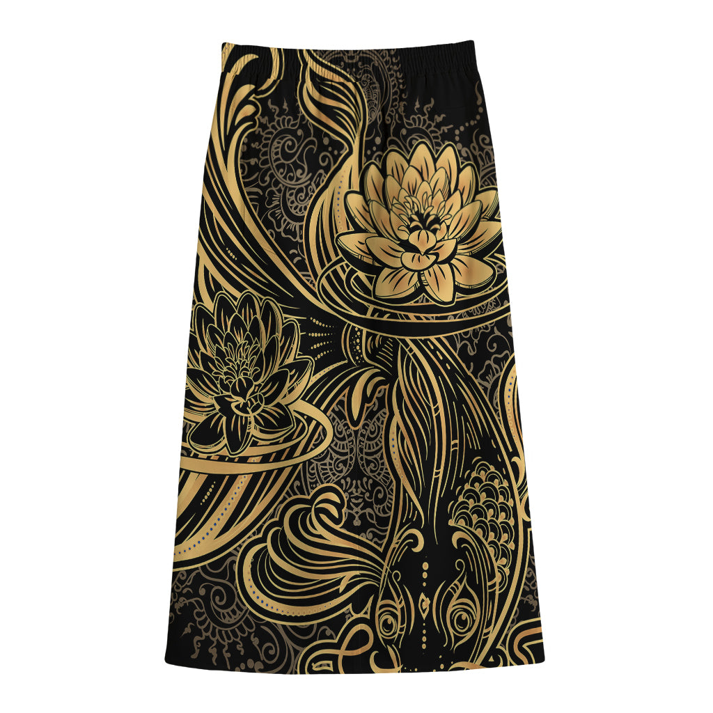 Golden Spiritual Koi Carp Print Cotton Front Slit Maxi Skirt