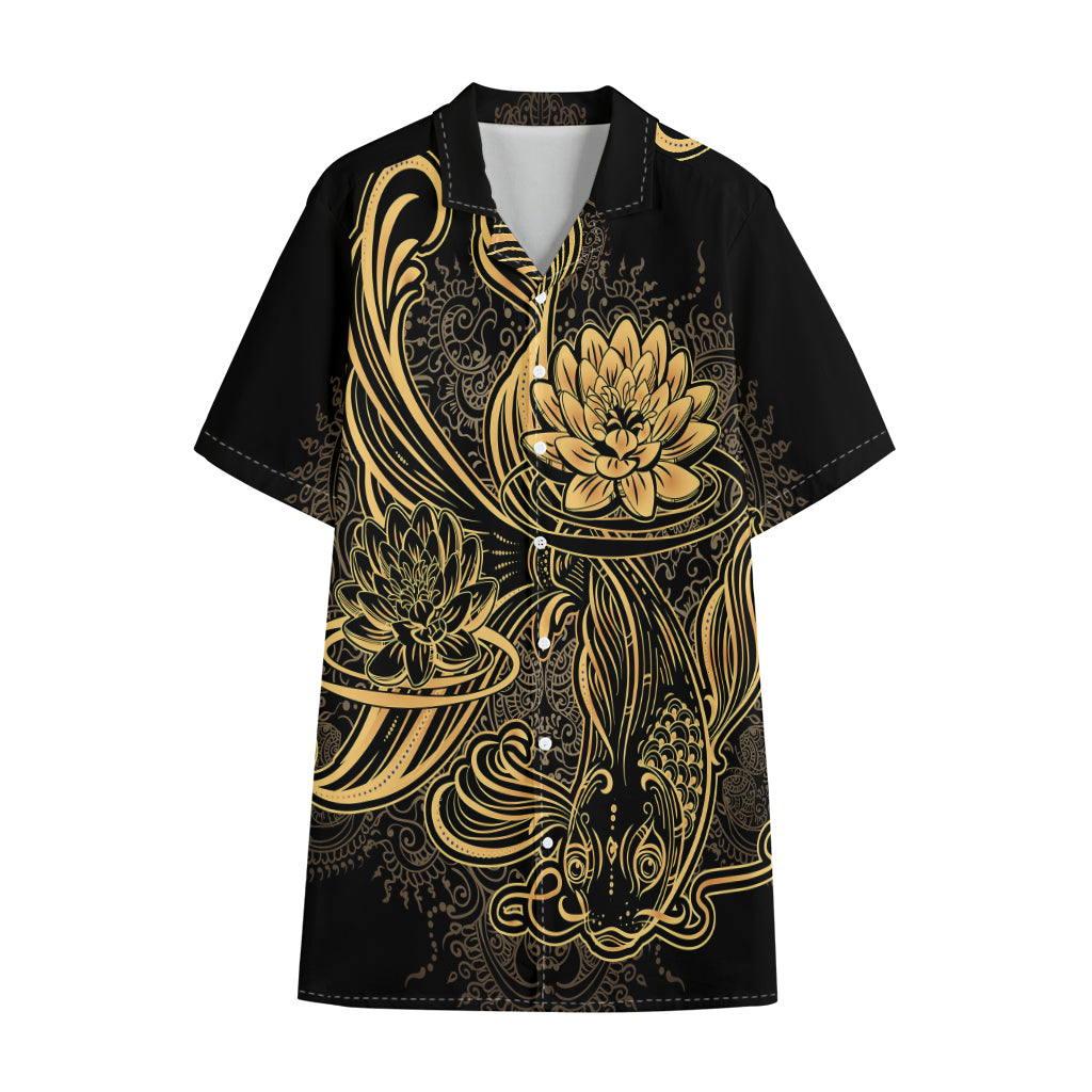 Golden Spiritual Koi Carp Print Cotton Hawaiian Shirt