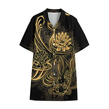Golden Spiritual Koi Carp Print Cotton Hawaiian Shirt