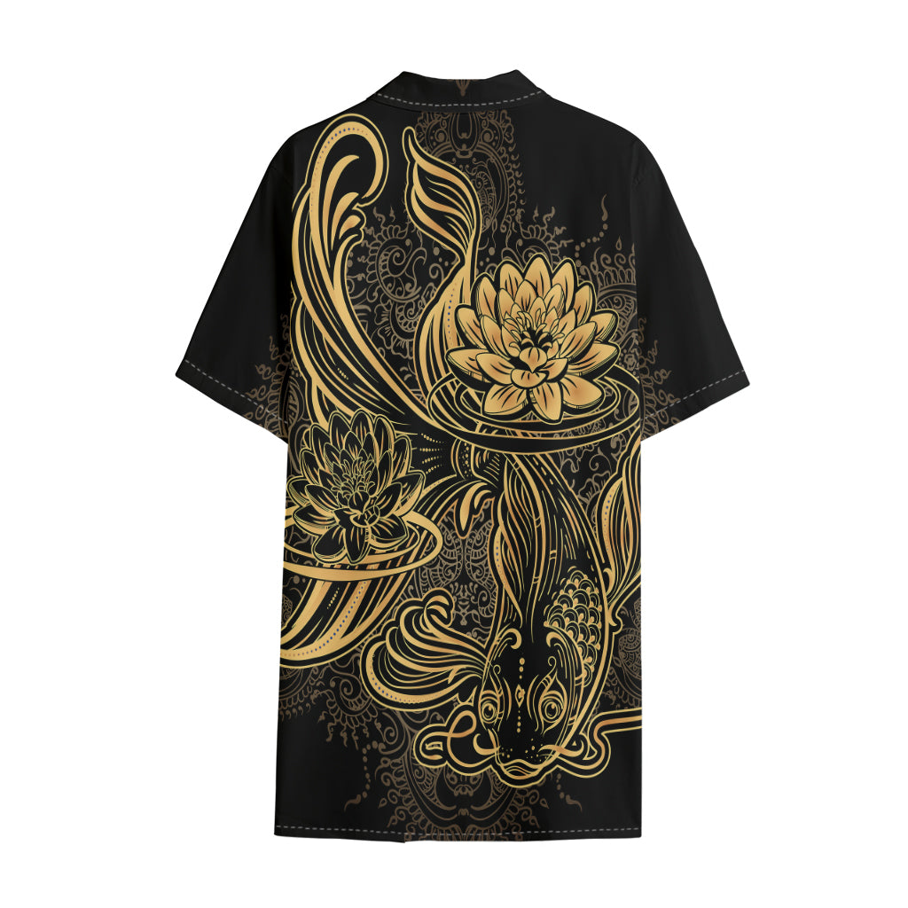 Golden Spiritual Koi Carp Print Cotton Hawaiian Shirt