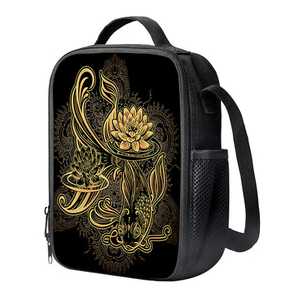 Golden Spiritual Koi Carp Print Crossbody Lunch Bag