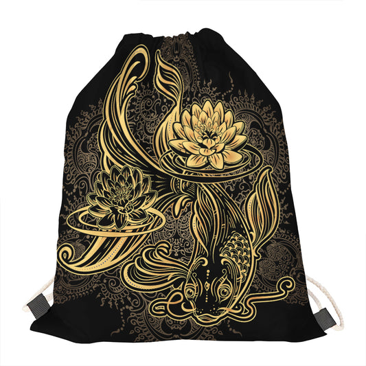 Golden Spiritual Koi Carp Print Drawstring Bag