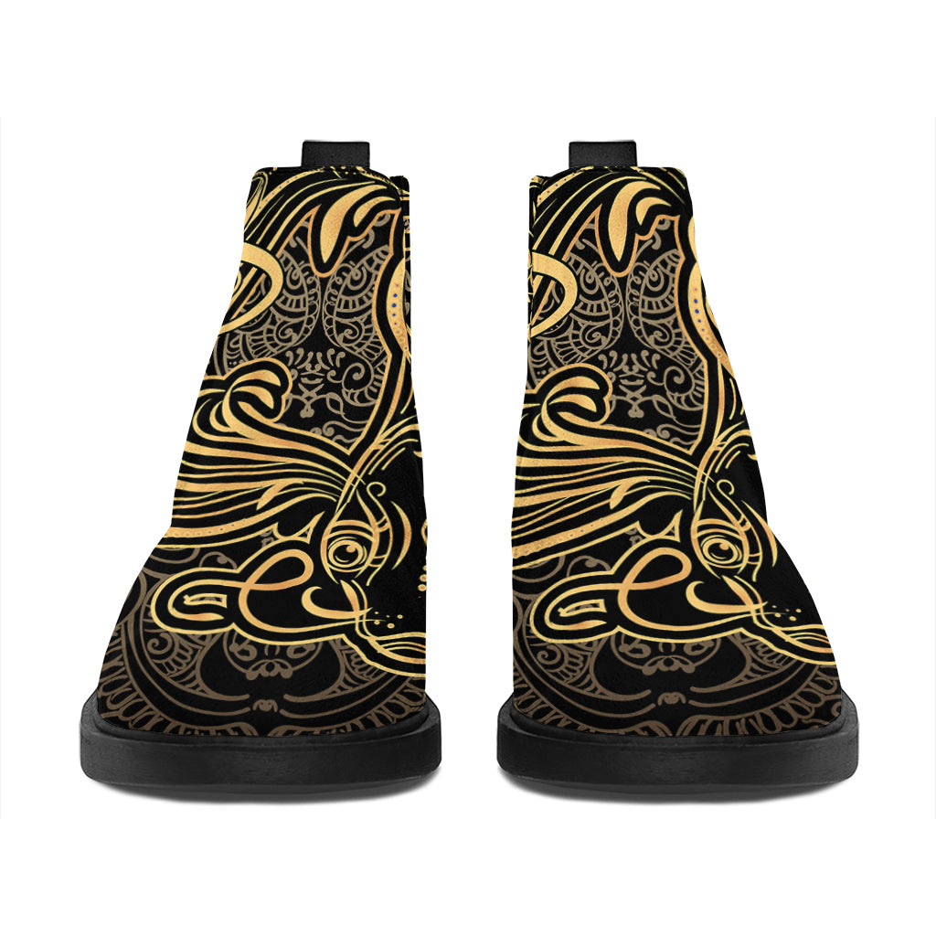 Golden Spiritual Koi Carp Print Flat Ankle Boots