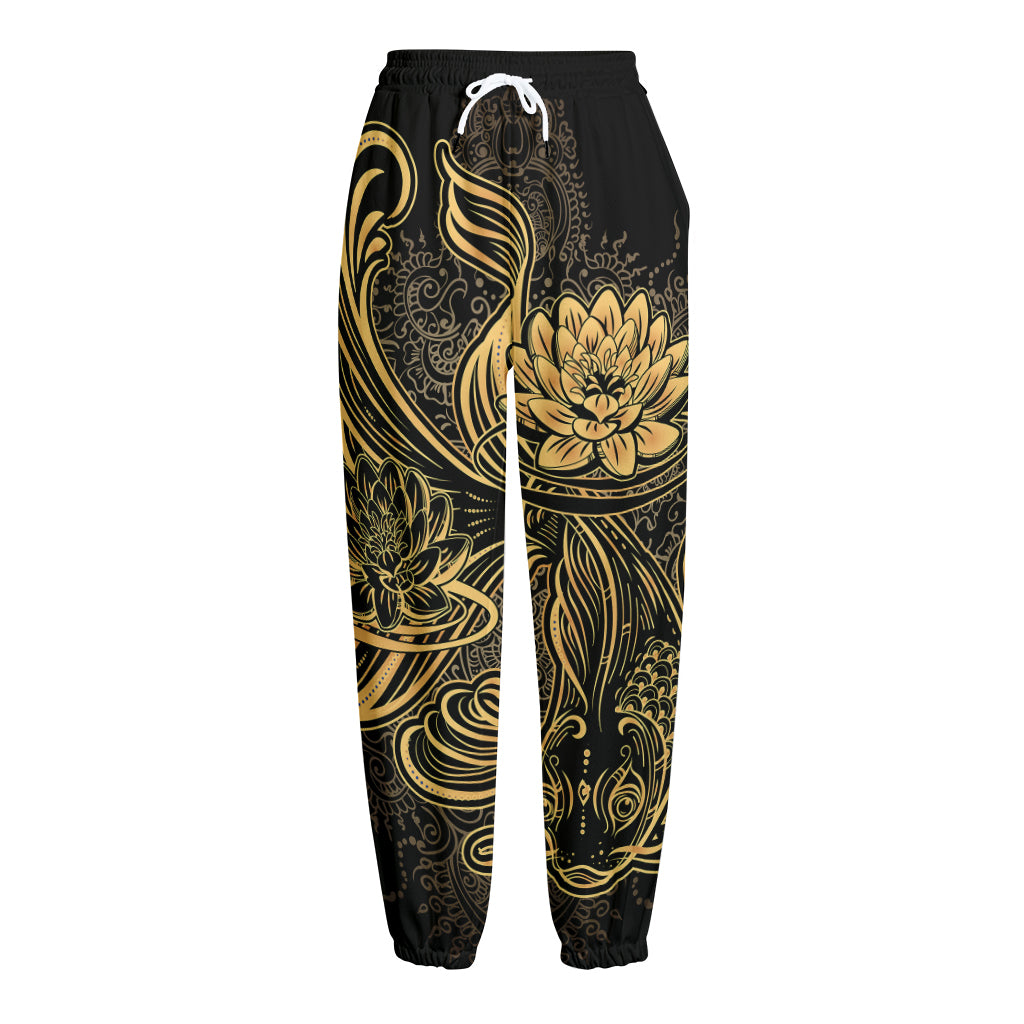 Golden Spiritual Koi Carp Print Fleece Lined Knit Pants
