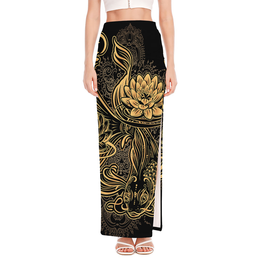 Golden Spiritual Koi Carp Print High Slit Maxi Skirt