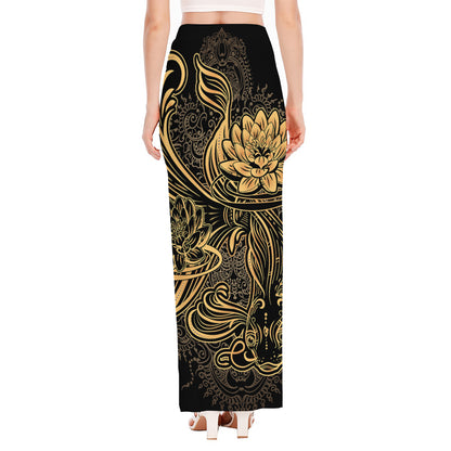 Golden Spiritual Koi Carp Print High Slit Maxi Skirt