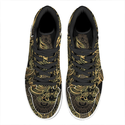 Golden Spiritual Koi Carp Print High Top Leather Sneakers