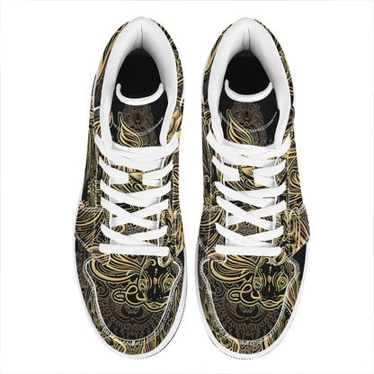 Golden Spiritual Koi Carp Print High Top Leather Sneakers