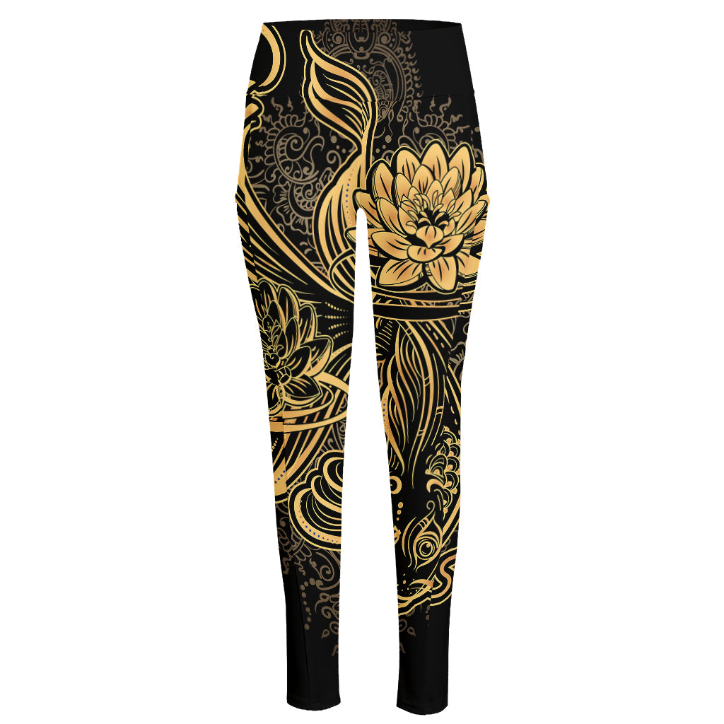 Golden Spiritual Koi Carp Print High-Waisted Pocket Leggings